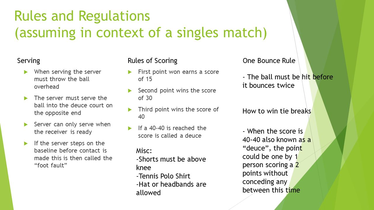 AOP - Tennis Javier Garcia, 11EOw. Rules and Regulations (assuming in  context of a singles match)  When serving the server must throw the ball  overhead. - ppt download
