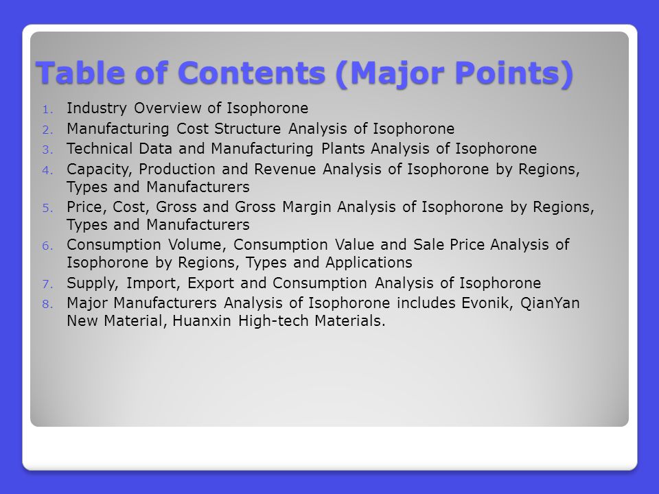 Table of Contents (Major Points) 1. Industry Overview of Isophorone 2.