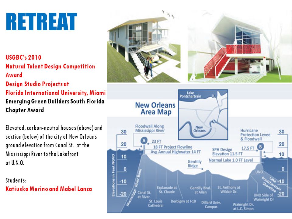 USGBC’s 2010 Natural Talent Design Competition Award Design Studio Projects at Florida International University, Miami Emerging Green Builders South Florida Chapter Award Elevated, carbon-neutral houses (above) and section (below) of the city of New Orleans ground elevation from Canal St.