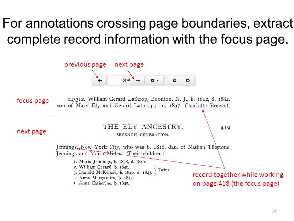 For annotations crossing page boundaries, extract complete record information with the focus page.