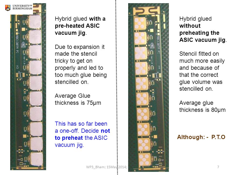 WP3_Bham; 15May 2014; John Wilson1 Heated plate curing Tests with 130nm  hybrids and glass ASICs i) Room temp curing the glue thickness is  controllable. - ppt download