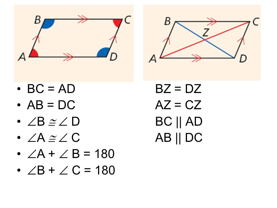 BC = ADBZ = DZ AB = DCAZ = CZ  B   DBC || AD  A   CAB || DC  A +  B = 180  B +  C = 180