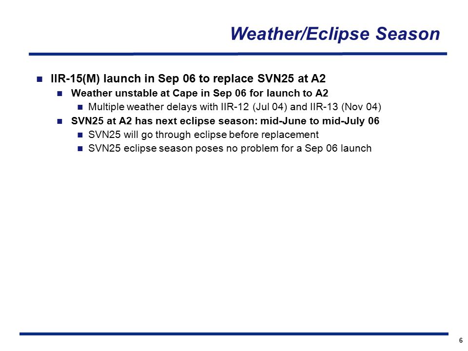 6 Weather/Eclipse Season IIR-15(M) launch in Sep 06 to replace SVN25 at A2 Weather unstable at Cape in Sep 06 for launch to A2 Multiple weather delays with IIR-12 (Jul 04) and IIR-13 (Nov 04) SVN25 at A2 has next eclipse season: mid-June to mid-July 06 SVN25 will go through eclipse before replacement SVN25 eclipse season poses no problem for a Sep 06 launch