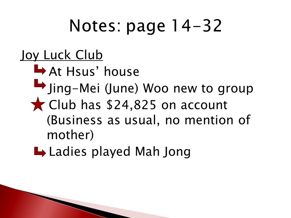 Joy Luck Club At Hsus’ house Jing-Mei (June) Woo new to group Club has $24,825 on account (Business as usual, no mention of mother) Ladies played Mah Jong