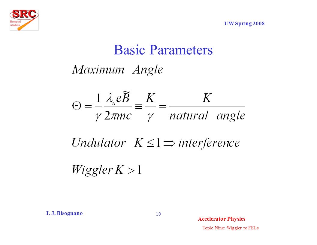 Topic Nine: Wiggler to FELs UW Spring 2008 Accelerator Physics J. J. Bisognano 10 Basic Parameters