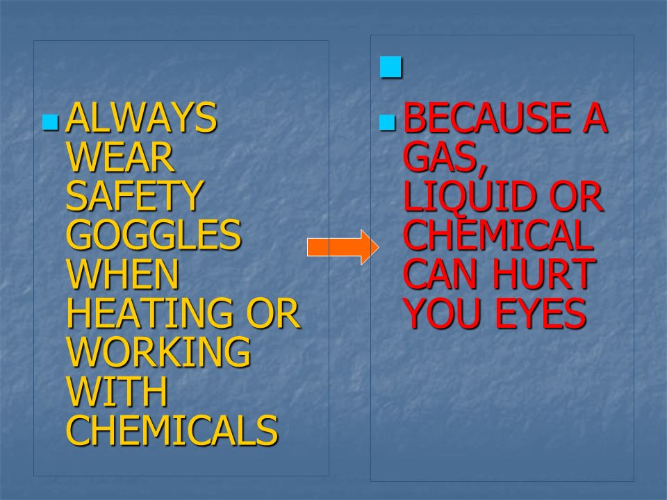 ALWAYS WEAR SAFETY GOGGLES WHEN HEATING OR WORKING WITH CHEMICALS ALWAYS WEAR SAFETY GOGGLES WHEN HEATING OR WORKING WITH CHEMICALS BECAUSE A GAS, LIQUID OR CHEMICAL CAN HURT YOU EYES BECAUSE A GAS, LIQUID OR CHEMICAL CAN HURT YOU EYES