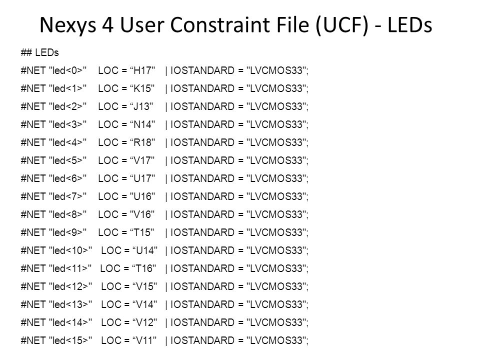 Nexys 4 User Constraint File (UCF) - LEDs ## LEDs #NET led LOC = H17 | IOSTANDARD = LVCMOS33 ; #NET led LOC = K15 | IOSTANDARD = LVCMOS33 ; #NET led LOC = J13 | IOSTANDARD = LVCMOS33 ; #NET led LOC = N14 | IOSTANDARD = LVCMOS33 ; #NET led LOC = R18 | IOSTANDARD = LVCMOS33 ; #NET led LOC = V17 | IOSTANDARD = LVCMOS33 ; #NET led LOC = U17 | IOSTANDARD = LVCMOS33 ; #NET led LOC = U16 | IOSTANDARD = LVCMOS33 ; #NET led LOC = V16 | IOSTANDARD = LVCMOS33 ; #NET led LOC = T15 | IOSTANDARD = LVCMOS33 ; #NET led LOC = U14 | IOSTANDARD = LVCMOS33 ; #NET led LOC = T16 | IOSTANDARD = LVCMOS33 ; #NET led LOC = V15 | IOSTANDARD = LVCMOS33 ; #NET led LOC = V14 | IOSTANDARD = LVCMOS33 ; #NET led LOC = V12 | IOSTANDARD = LVCMOS33 ; #NET led LOC = V11 | IOSTANDARD = LVCMOS33 ;