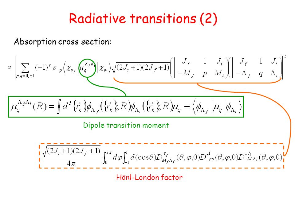 Radiative transitions (2) Dipole transition moment Absorption cross section: Hönl-London factor