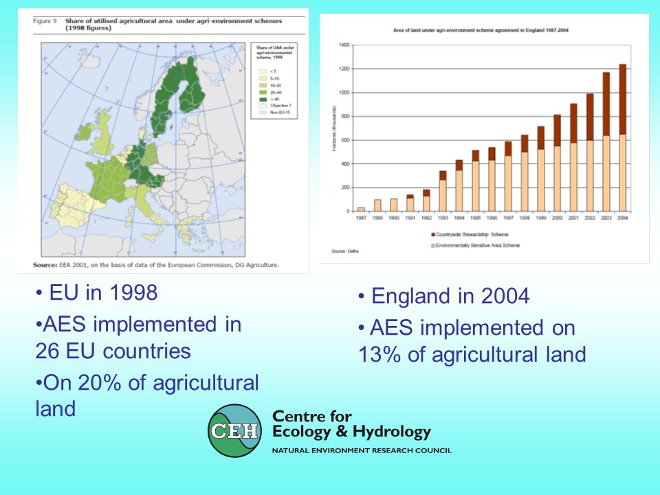 EU in 1998 AES implemented in 26 EU countries On 20% of agricultural land England in 2004 AES implemented on 13% of agricultural land
