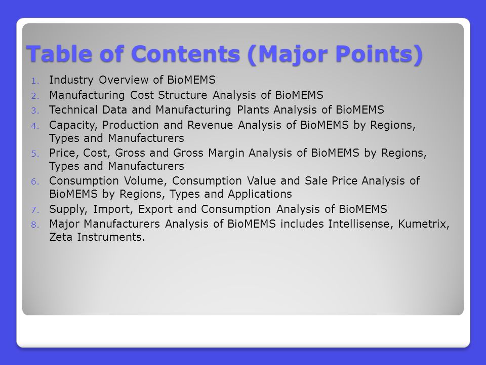 Table of Contents (Major Points) 1. Industry Overview of BioMEMS 2.