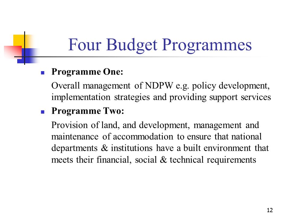 12 Four Budget Programmes Programme One: Overall management of NDPW e.g.
