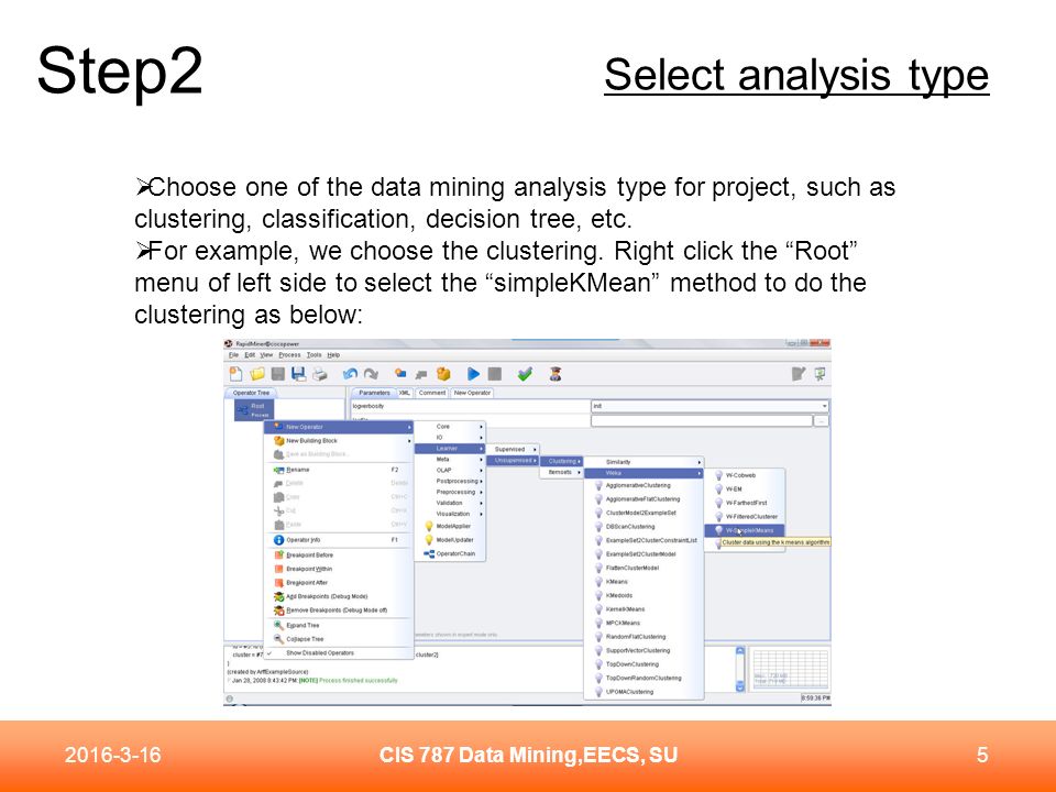 Step2 CIS 787 Data Mining,EECS, SU  Choose one of the data mining analysis type for project, such as clustering, classification, decision tree, etc.
