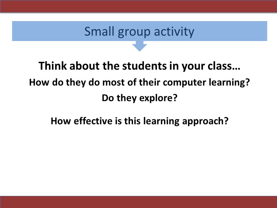 Small group activity Think about the students in your class… How do they do most of their computer learning.