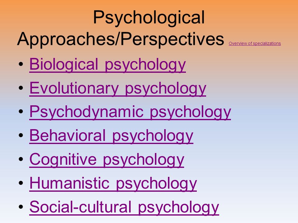 Psychological Approaches/Perspectives Overview of specializations Overview of specializations Biological psychology Evolutionary psychology Psychodynamic psychology Behavioral psychology Cognitive psychology Humanistic psychology Social-cultural psychology
