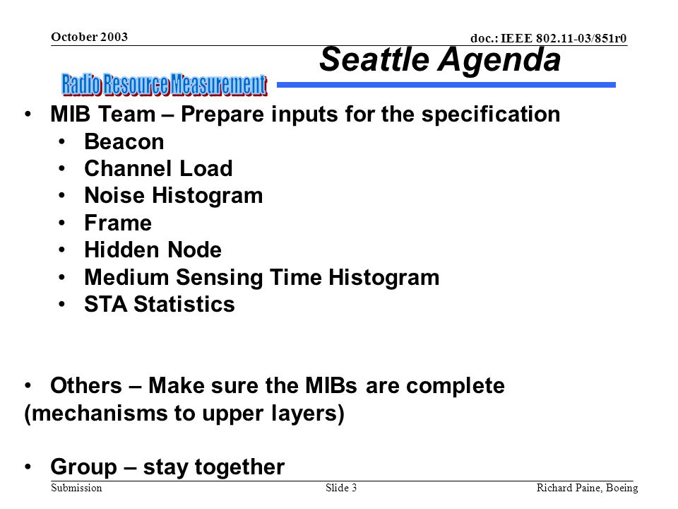 October 2003 Richard Paine, BoeingSlide 3 doc.: IEEE /851r0 Submission MIB Team – Prepare inputs for the specification Beacon Channel Load Noise Histogram Frame Hidden Node Medium Sensing Time Histogram STA Statistics Others – Make sure the MIBs are complete (mechanisms to upper layers) Group – stay together Seattle Agenda