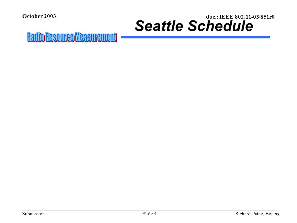 October 2003 Richard Paine, BoeingSlide 4 doc.: IEEE /851r0 Submission Seattle Schedule