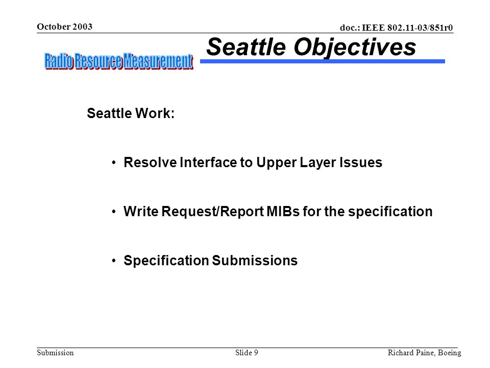 October 2003 Richard Paine, BoeingSlide 9 doc.: IEEE /851r0 Submission Seattle Objectives Seattle Work: Resolve Interface to Upper Layer Issues Write Request/Report MIBs for the specification Specification Submissions