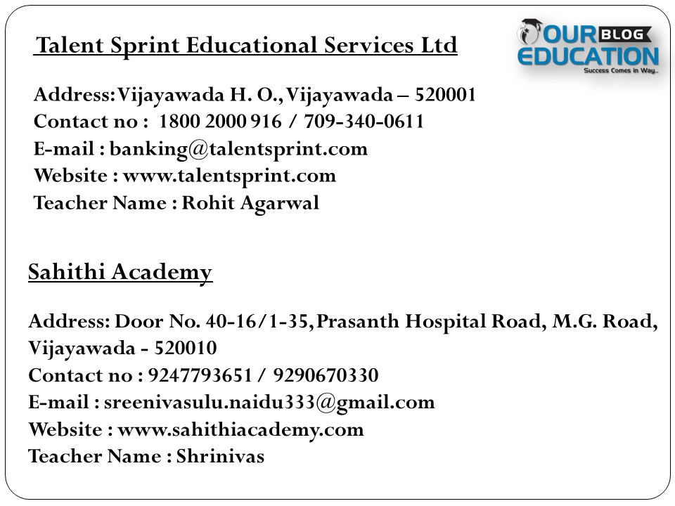 Sahithi Academy Address: Door No /1-35, Prasanth Hospital Road, M.G.