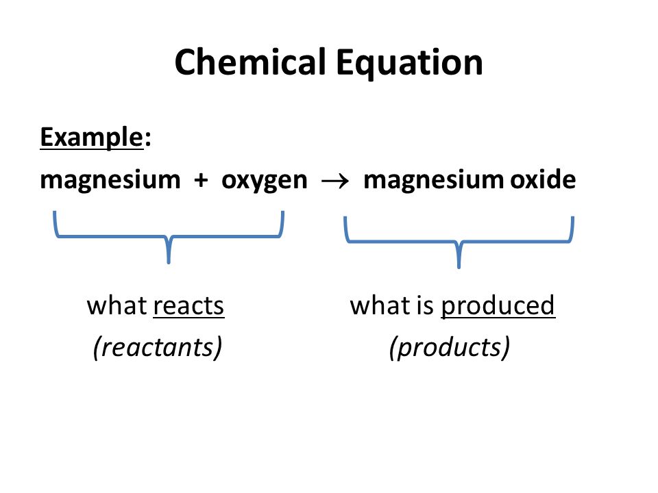 Chemical Equation Example: magnesium + oxygen  magnesium oxide what reacts what is produced (reactants) (products)