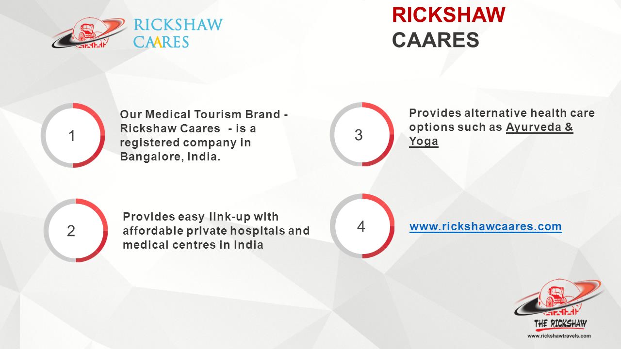 RICKSHAW CAARES 1 Our Medical Tourism Brand - Rickshaw Caares - is a registered company in Bangalore, India.
