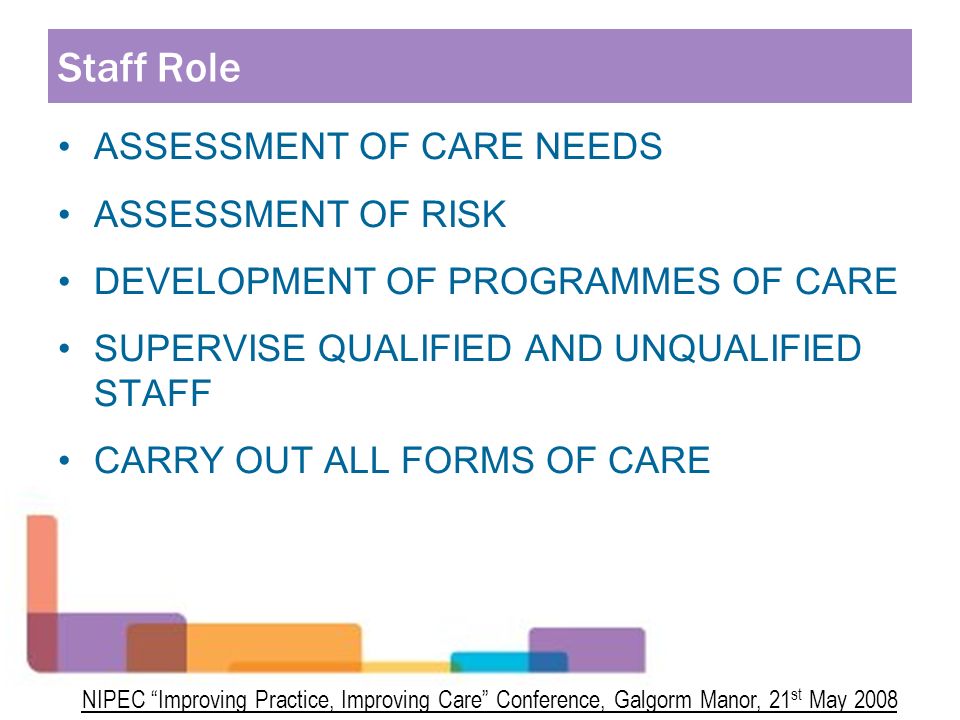 NIPEC Improving Practice, Improving Care Conference, Galgorm Manor, 21 st May 2008 Staff Role ASSESSMENT OF CARE NEEDS ASSESSMENT OF RISK DEVELOPMENT OF PROGRAMMES OF CARE SUPERVISE QUALIFIED AND UNQUALIFIED STAFF CARRY OUT ALL FORMS OF CARE