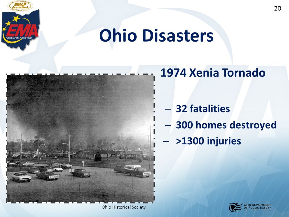 20 – 32 fatalities – 300 homes destroyed – >1300 injuries Ohio Historical Society 1974 Xenia Tornado Ohio Disasters
