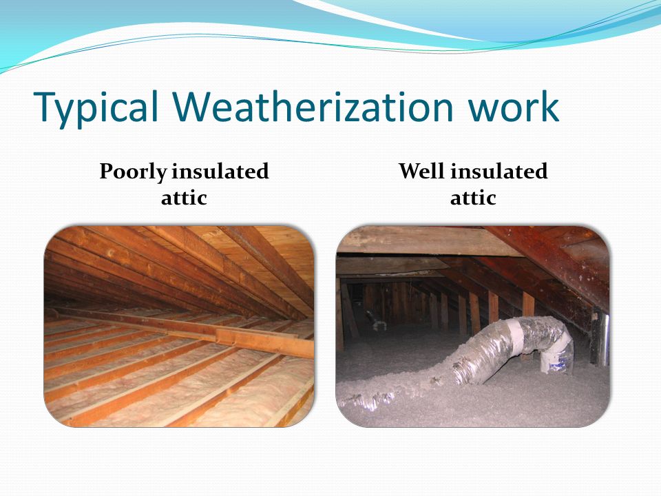 Typical Weatherization work Poorly insulated attic Well insulated attic