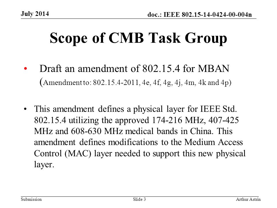 doc.: IEEE n Submission Scope of CMB Task Group Draft an amendment of for MBAN ( Amendment to: , 4e, 4f, 4g, 4j, 4m, 4k and 4p) This amendment defines a physical layer for IEEE Std.
