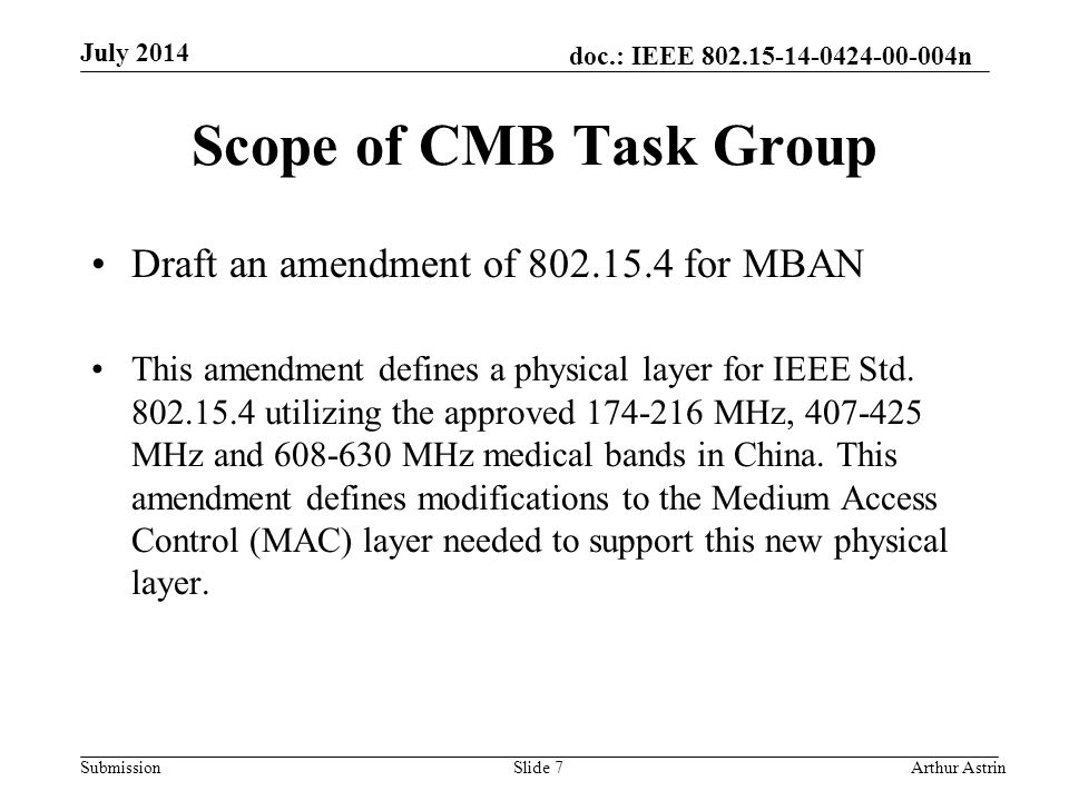 doc.: IEEE n Submission Scope of CMB Task Group Draft an amendment of for MBAN This amendment defines a physical layer for IEEE Std.