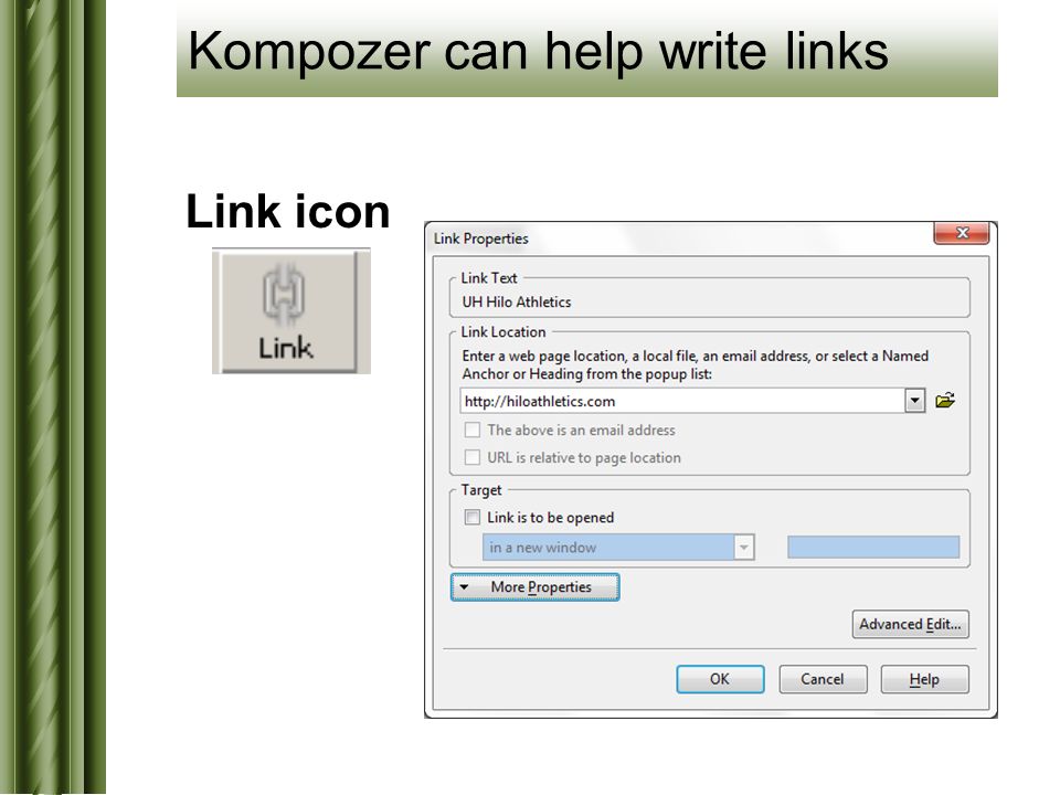 Kompozer can help write links Link icon