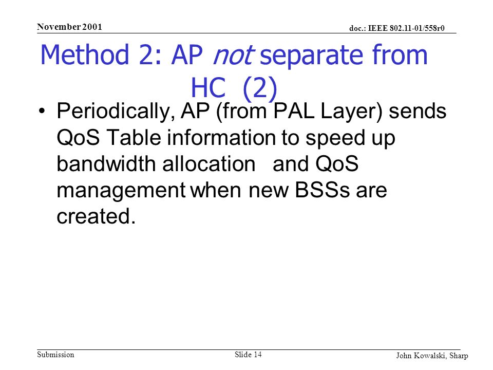 doc.: IEEE /558r0 Submission John Kowalski, Sharp November 2001 Slide 14 Method 2: AP not separate from HC (2) Periodically, AP (from PAL Layer) sends QoS Table information to speed up bandwidth allocation and QoS management when new BSSs are created.