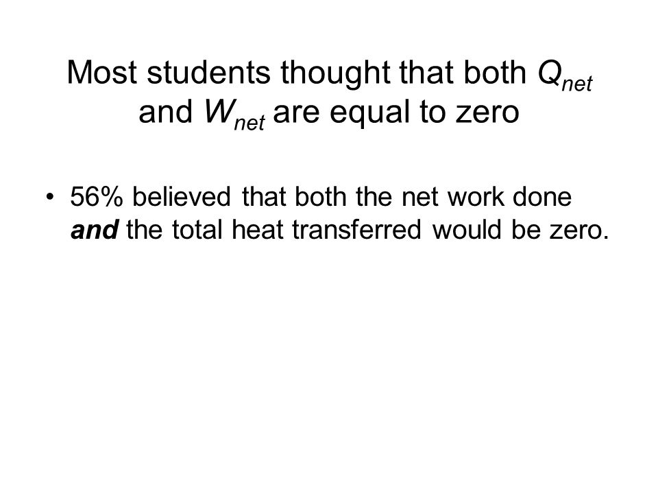 Most students thought that both Q net and W net are equal to zero 56% believed that both the net work done and the total heat transferred would be zero.