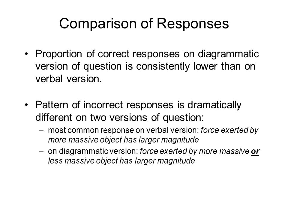 Comparison of Responses Proportion of correct responses on diagrammatic version of question is consistently lower than on verbal version.