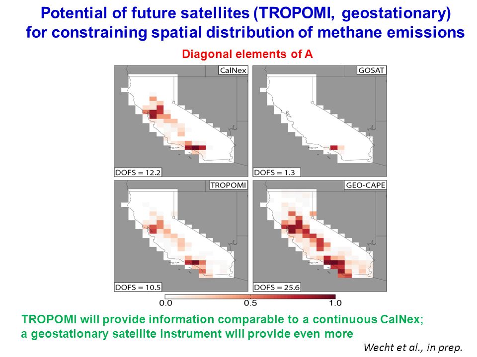 Potential of future satellites (TROPOMI, geostationary) for constraining spatial distribution of methane emissions TROPOMI will provide information comparable to a continuous CalNex; a geostationary satellite instrument will provide even more Wecht et al., in prep.