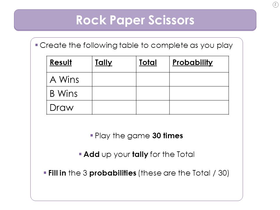 Z. Z Scissors Paper Stone  Scissors beats paper (cuts it)  Paper beats  rock (wraps it)  Rock beats scissors (blunts it)  Showing the same is a  draw. - ppt download