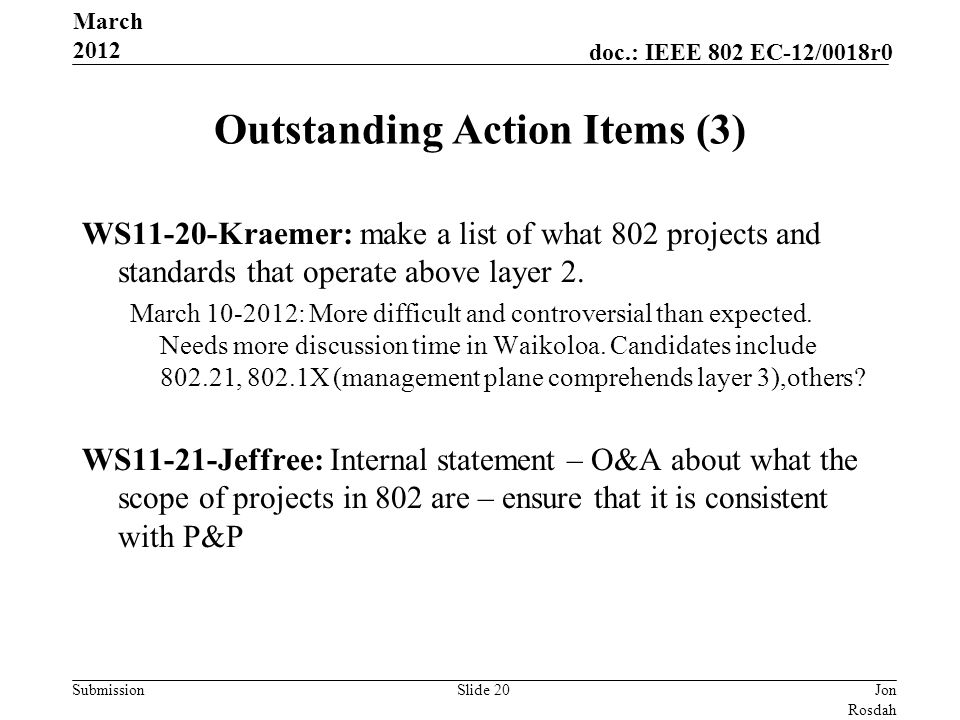 Submission doc.: IEEE 802 EC-12/0018r0 March 2012 Jon Rosdah l, CSR Slide 20 Outstanding Action Items (3) WS11-20-Kraemer: make a list of what 802 projects and standards that operate above layer 2.