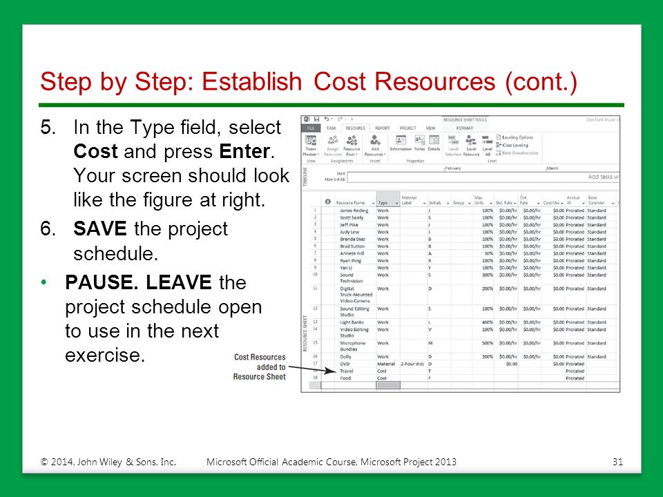 Step by Step: Establish Cost Resources (cont.) 5.In the Type field, select Cost and press Enter.