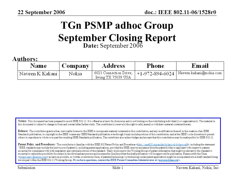 doc.: IEEE /1528r0 Submission 22 September 2006 Naveen Kakani, Nokia, IncSlide 1 TGn PSMP adhoc Group September Closing Report Notice: This document has been prepared to assist IEEE