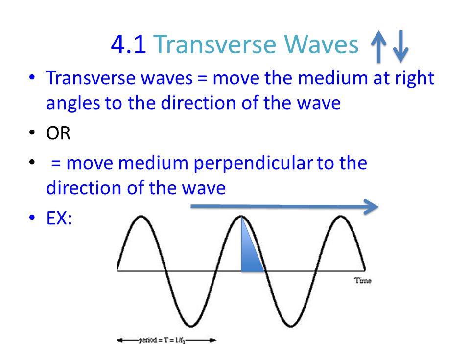 4.1 Transverse Waves Transverse waves = move the medium at right angles to the direction of the wave OR = move medium perpendicular to the direction of the wave EX: