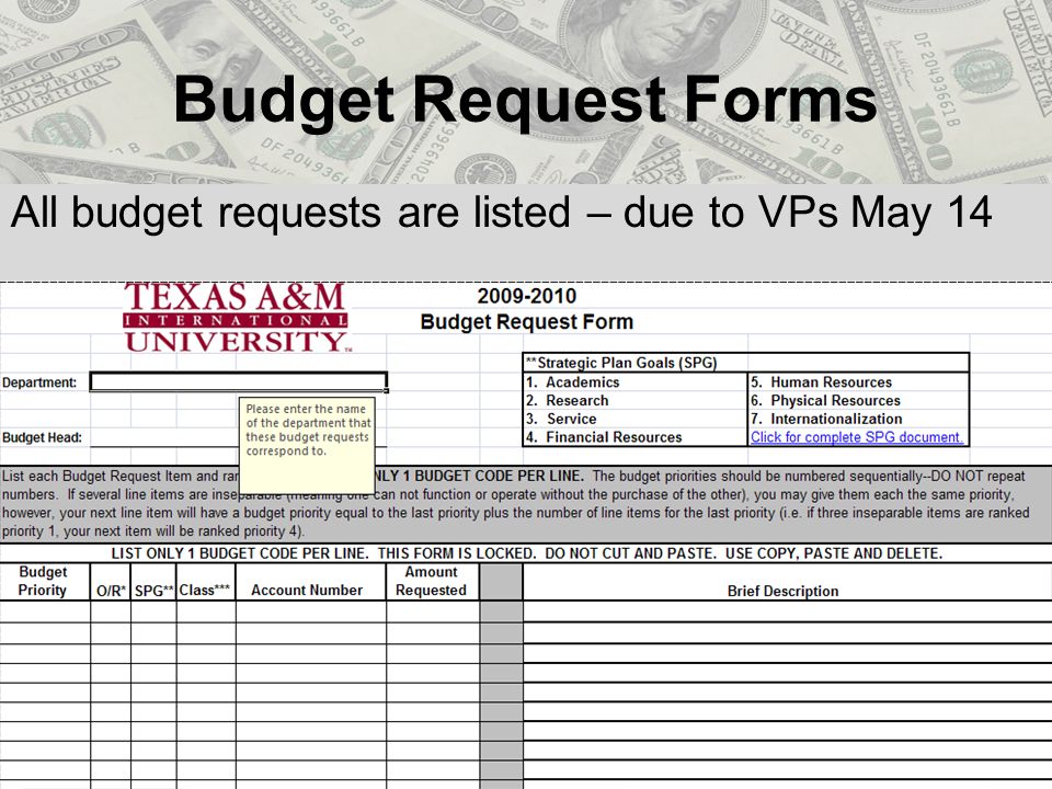 Budget Request Forms All budget requests are listed – due to VPs May 14