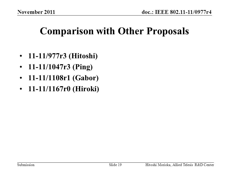 doc.: IEEE /0977r4 Submission November 2011 Hitoshi Morioka, Allied Telesis R&D CenterSlide 19 Comparison with Other Proposals 11-11/977r3 (Hitoshi) 11-11/1047r3 (Ping) 11-11/1108r1 (Gabor) 11-11/1167r0 (Hiroki)