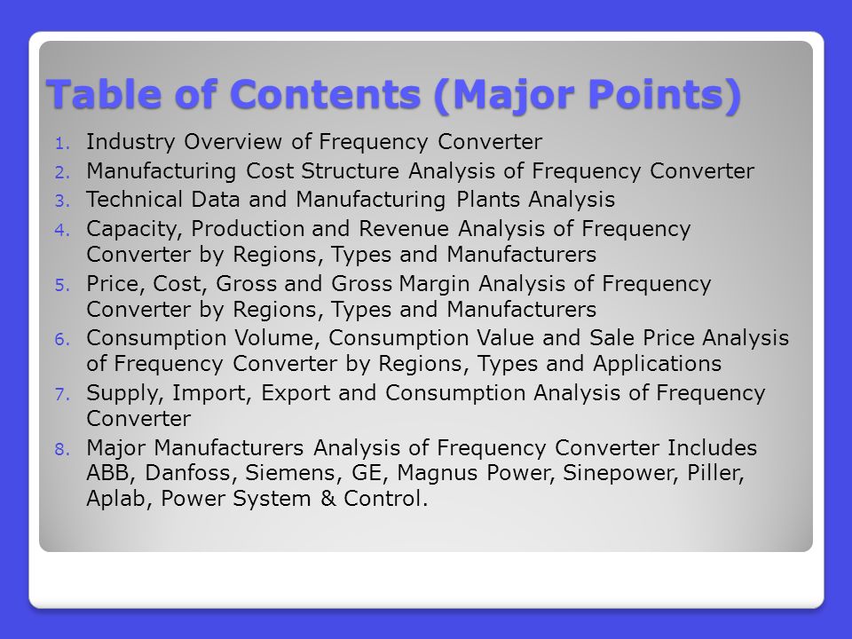 Table of Contents (Major Points) 1. Industry Overview of Frequency Converter 2.