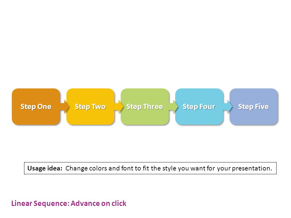 Step Five Step Four Step Three Step Two Step One Usage idea: Change colors  and font to fit the style you want for your presentation. Linear Sequence:  - ppt download