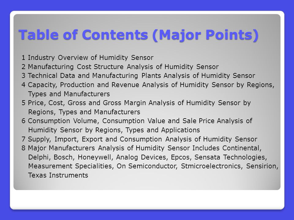 Table of Contents (Major Points) 1 Industry Overview of Humidity Sensor 2 Manufacturing Cost Structure Analysis of Humidity Sensor 3 Technical Data and Manufacturing Plants Analysis of Humidity Sensor 4 Capacity, Production and Revenue Analysis of Humidity Sensor by Regions, Types and Manufacturers 5 Price, Cost, Gross and Gross Margin Analysis of Humidity Sensor by Regions, Types and Manufacturers 6 Consumption Volume, Consumption Value and Sale Price Analysis of Humidity Sensor by Regions, Types and Applications 7 Supply, Import, Export and Consumption Analysis of Humidity Sensor 8 Major Manufacturers Analysis of Humidity Sensor Includes Continental, Delphi, Bosch, Honeywell, Analog Devices, Epcos, Sensata Technologies, Measurement Specialities, On Semiconductor, Stmicroelectronics, Sensirion, Texas Instruments