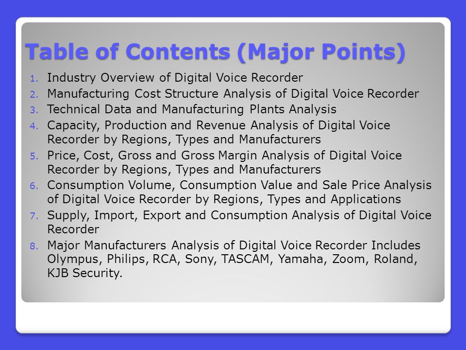 Table of Contents (Major Points) 1. Industry Overview of Digital Voice Recorder 2.