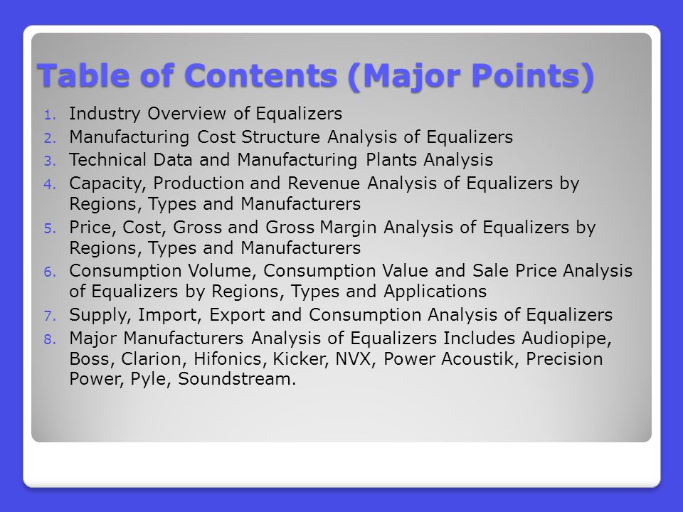 Table of Contents (Major Points) 1. Industry Overview of Equalizers 2.