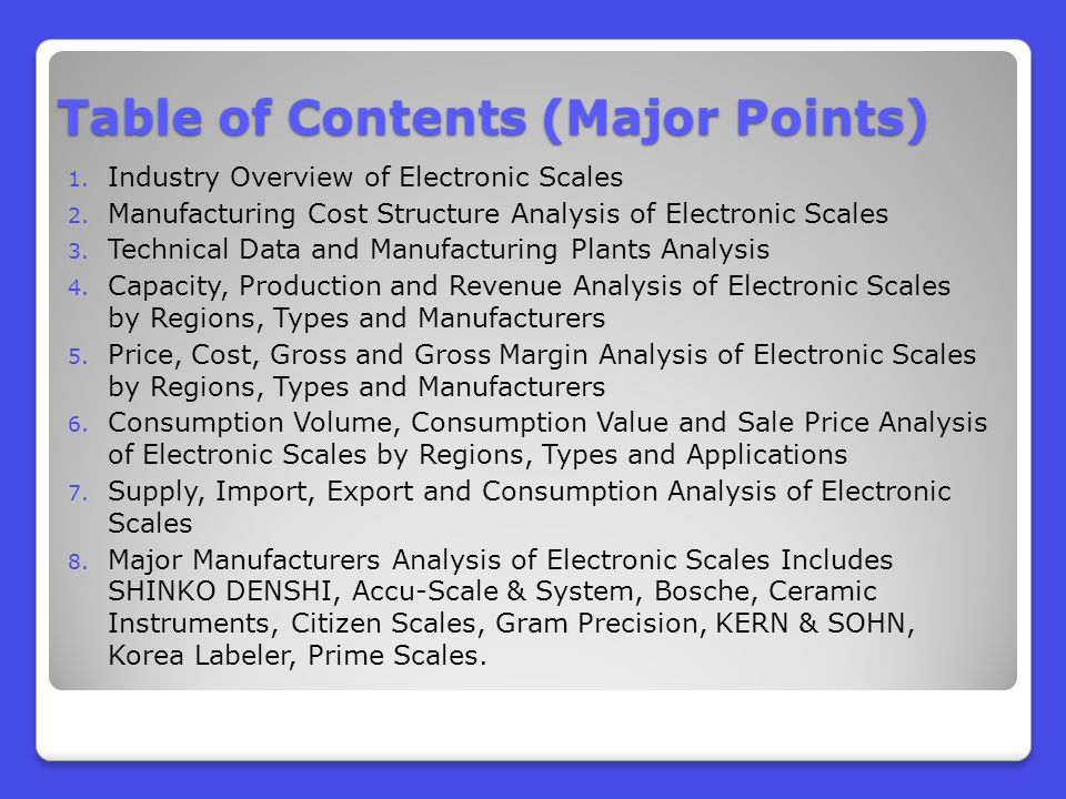 Table of Contents (Major Points) 1. Industry Overview of Electronic Scales 2.