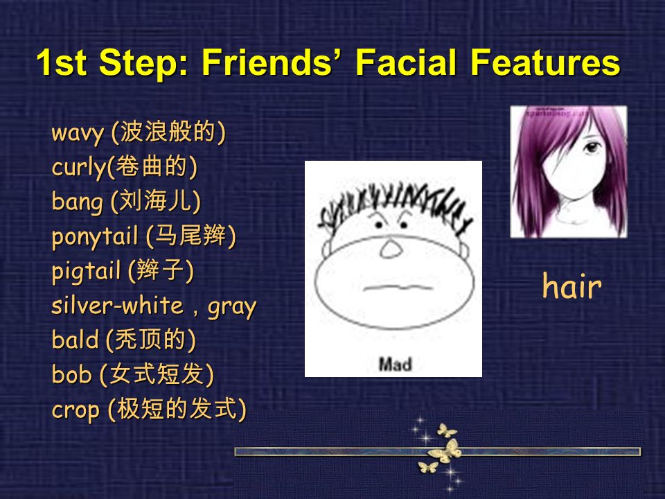 1st Step: Friends’ Facial Features wavy ( 波浪般的 ) curly( 卷曲的 ) bang ( 刘海儿 ) ponytail ( 马尾辫 ) pigtail ( 辫子 ) silver-white ， gray bald ( 秃顶的 ) bob ( 女式短发 ) crop ( 极短的发式 ) hair