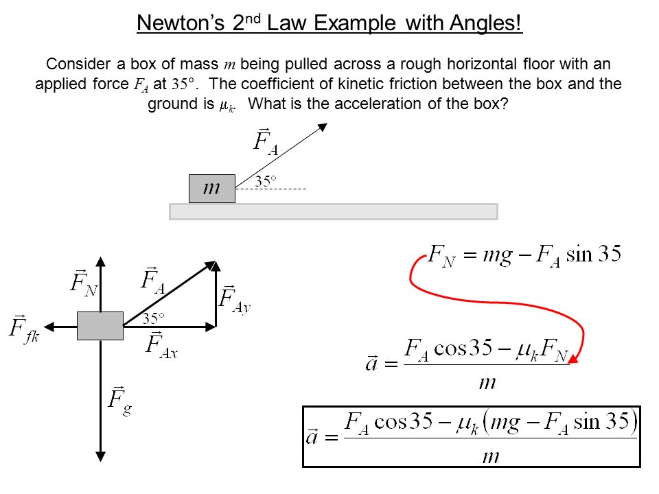 Newton's 2 nd Law Example with Angles! Consider a box of mass m being  pulled across a rough horizontal floor with an applied force F A at 35 °.  The coefficient. - ppt download