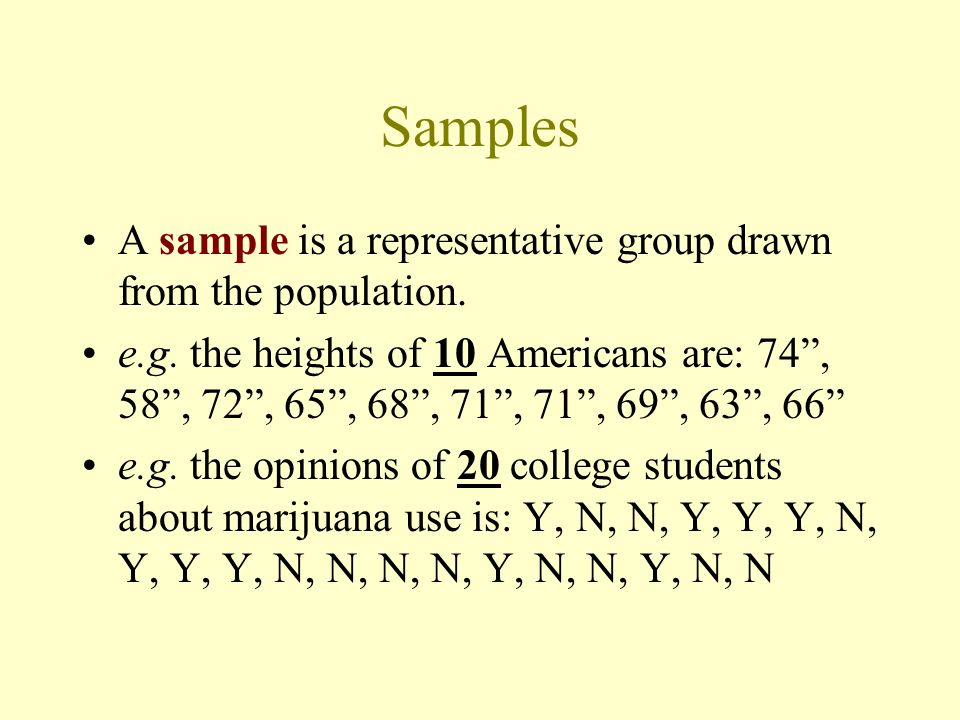 Samples A sample is a representative group drawn from the population.